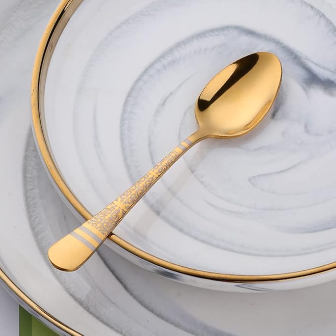 Gold Unique Pattern Design Coffee Espresso Spoons Mini, Mingcheng Stainless Steel Small Teaspoons Silverware Set of 6, BISDARUN 5.5 Inches Food Spoons for Demitasse Dessert Tea