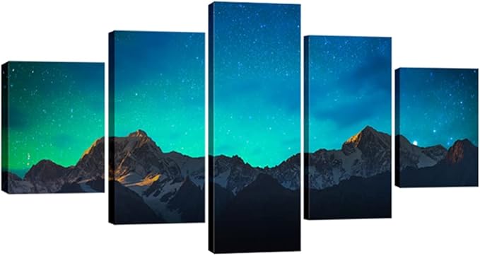 Wieco Art Canvas Wall Art Mount Cook and Lake Matheson New Zealand with Milky Way Modern 5 Piece Canvas Artwork Starry Night Pictures for Bedroom Kitchen Living Room Wall Decor Home Decorations