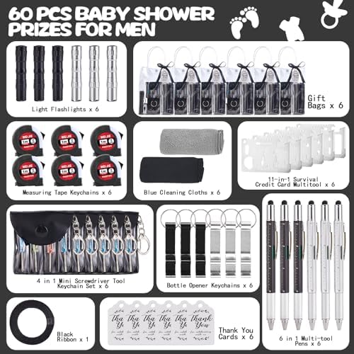 60PCS Baby Shower Prizes for Men 6 Set with Cleaning Cloth Bottle Opener Screwdriver Tape Measuring Keychain Multi Tool Pen Gift Bag Baby Shower Game Prizes for Winner Bachelor Party (Black) - Image 3