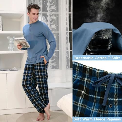 DG Hill Mens Pajama Pants - Pajamas Set Flannel PJ Pants for Men Cotton Top - Image 2