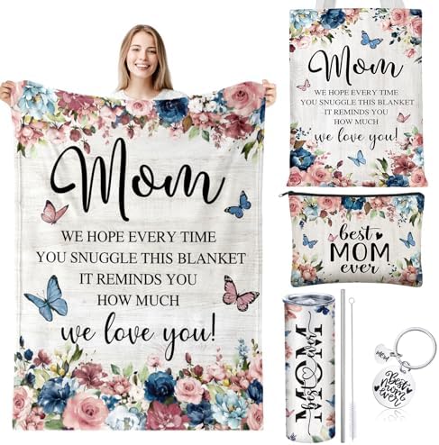 Geiserailie 5 Pcs Mother's Gift Set for Mom Include Colorful Butterfly Flower Blanket 20oz Stainless Steel Tumbler with Straw and Brush Best Mom Ever Makeup Bag Keychain for Mother from Daughter Son by Geiserailie