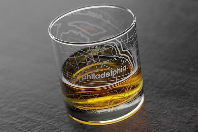 Well Told Engraved Philadelphia Pennsylvania Map Rocks Glass, Old Fashioned Whiskey Glass (11 oz, Clear) Etched Whiskey Glass, Gifts For Whiskey Lovers