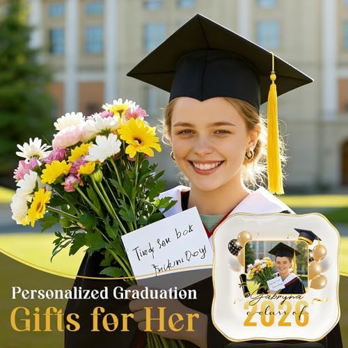 College and High School Graduation Gift for Her, Personalized Graduation Jewelry Dish Class of 2026, Ceramic Ring Tray 4.3x4.3 inches, Customizable Names and Birth Month Flowers - Image 3