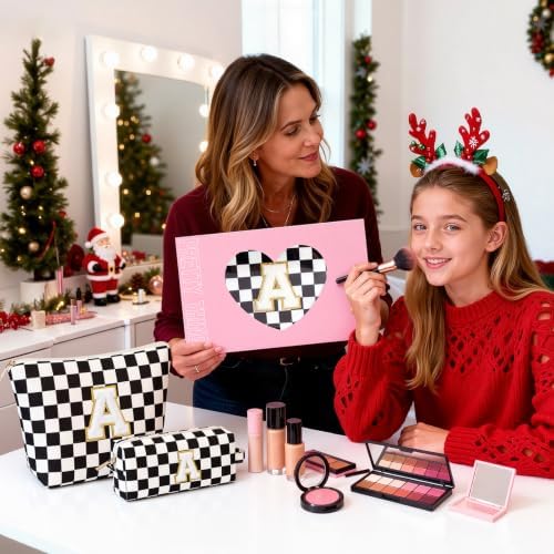 mibasies 2 PCS Initial Makeup Bags for Women: Cosmetic Bag for Travel Toiletry - Birthday Gifts for Teen Girl Gifts Trendy Stuff - Graduation Teacher Gift for Girlfriend -Checkered Black K - Image 2