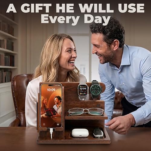 TESLYAR Wood Phone Docking Station for Men - Desktop or Nightstand Organizer - Birthday Gifts for Men, Dad - Anniversary Idea from Wife - Key Holder, Stand Wallet, Watch & Essentials (Bourbon Brown) - Image 6
