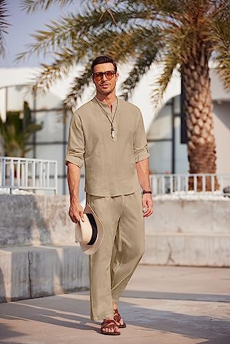 COOFANDY Men’s 2 Piece Cotton Linen Set Casual Beach Outfits Long Sleeve - Image 7