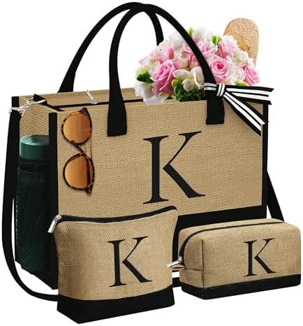 YOOLIFE Personalized Gifts for Women, Initial Jute Tote Bag & 2 Makeup Bags by YOOLIFE