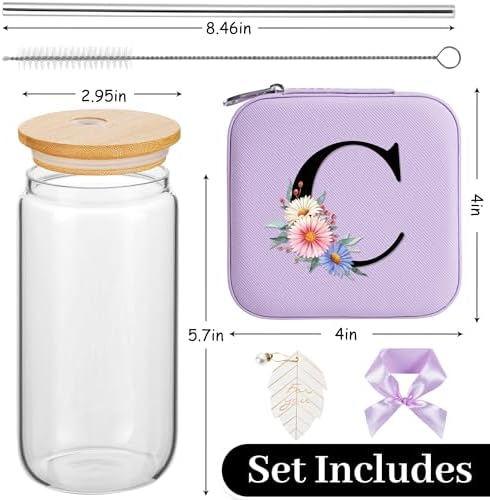 AYGXU Bridesmaid Gifts for Wedding Day,Bridesmaid Proposal Gifts,Drinking glass with Bamboo Lids and Straw,Jewelry Organizer,Travel Essentials Small Jewelry Box,Teen Girls Gifts,Initial C purple - Image 2