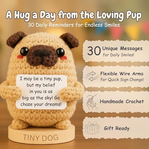 Dog lover Gifts for Women - Handmade Positive Crochet Animal W/ 30 Uplifting Signs - Funny Birthday Gifts for Dog Mom, Cute Present Idea for Women for Christmas, Emotional Support Office Desk Decor - Image 2