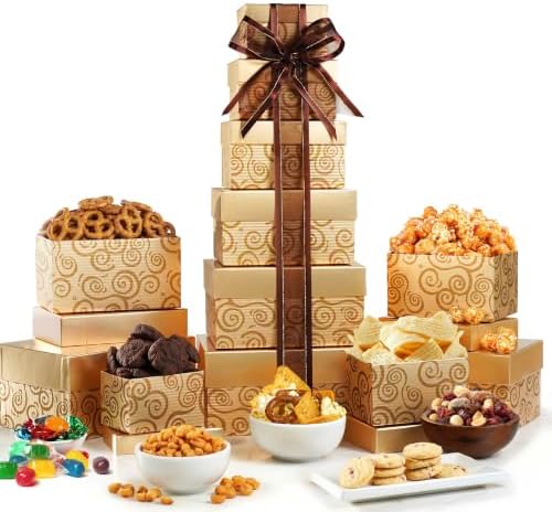 Broadway Basketeers Glittering Gold Gift Tower with Cookies Snacks & Treats by BroadwayBasketeers