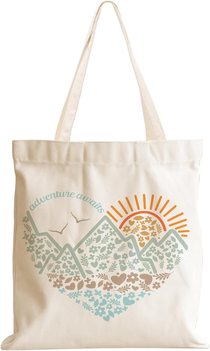jeilink Cute Mountain Adventure Sunshine Canvas Tote Bag Camping Gifts Weekender Grocery Bags for Women Girls