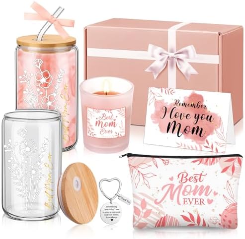 Bokon 6 Pcs Birthday Gifts for Mom Best Mom Ever Gifts Box Set with 16oz Glass Cup Scented Candle Makeup Bag from Daughter Son for Wife Mother Day Party(Pink) by Bokon