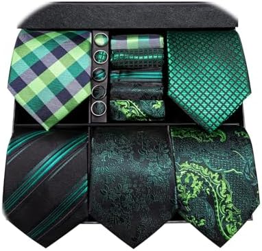 Hi-Tie Lot 5 Pcs Gift Box Mens Tie Set Necktie with Pocket Square Cufflinks Silk Neck Tie Collection by Hi-Tie