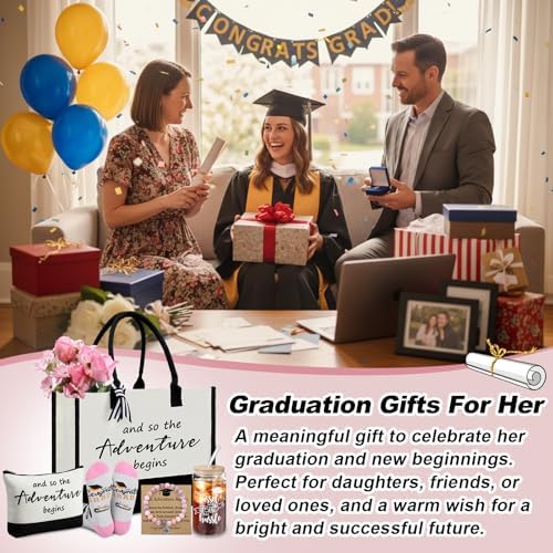 Thyle 6 Pcs Graduation Gifts for Her 2026 College Congratulations Grad Gifts for Women and So the Adventure Begins Tote Bag Makeup Bag Socks Bracelet Card Cup for Women High School Daughter Friends - Image 2
