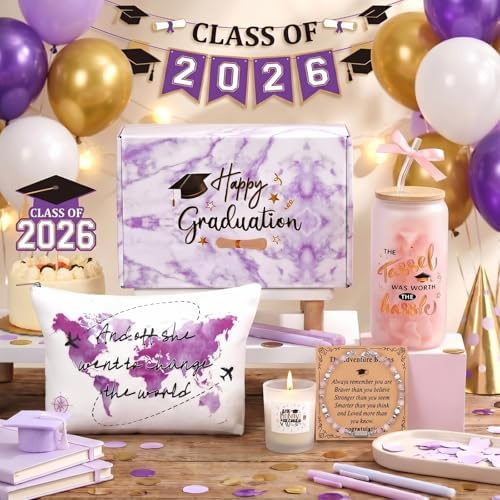 Potchen 7 Pcs Graduation Gifts for Girl Her Class of 2026 College High Graduation Gifts Box Set with 16oz Glass Cup Cosmetic Bag Bracelet Scented Candle with Box for Women Daughter Friend(Pink Purple) - Image 2