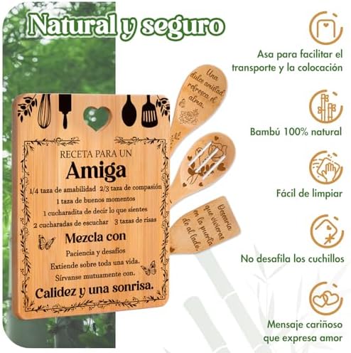Regalos de cumpleaños para Amiga - "Receta para una Amiga especial". Juego de tablas de cortar y utensilios de bambú grabados. Regalos de cumpleaños para Amiga. Spanish Friend Cutting Board - Image 6
