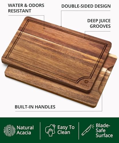 ROYAL CRAFT WOOD Wooden Cutting Boards for Kitchen Meal Prep & Serving - Bamboo Wood Serving Board Set with Deep Juice Groove Side Handles - Charcuterie & Chopping Butcher Block for Meat - Image 2