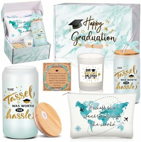 Potchen 7 Pcs Graduation Gifts for Girl Her Class of 2026 College High Graduation Gifts Box Set with 16oz Glass Cup Cosmetic Bag Bracelet Scented Candle with Box for Women Daughter Friend(Green) by Potchen