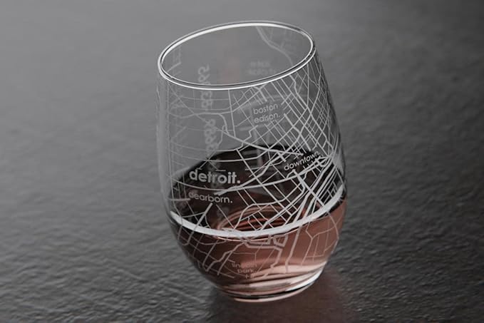 Well Told Engraved Detroit Michigan Map Stemless Wine Glass, Etched Glass (15 oz, Clear) City Custom Gifts for Lovers