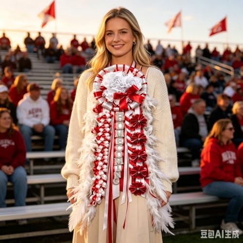 31'' Advanced Large Homecoming Mum Supplies Luxury Silk Homecoming Mum Flower with Feather Red White Silver Satin Ribbon Senior Night Back to School Week Party Decor - Image 5