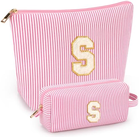 2 PCS Initial Makeup Bags for Women: Cosmetic Bag for Travel Toiletry - Birthday Gifts for 11 12 13 14 15 16 17 18 Years Old Girl Graduation Teacher Gift- Teen Girl Gifts Trendy Stuff - Pink S by mibasies