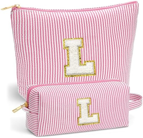 Travel Toiletry and Makeup Bag - Travel Essentials for Women, Pink Initial Makeup Bags for Hair Ties, Clips, Brushes, Sponges, Lipsticks, Blush, Eyelash Curler, Easy to Carry, Pink Letter L by Fohufo
