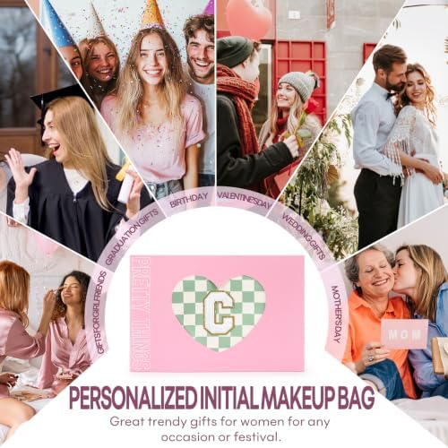 mibasies 2 PCS Initial Makeup Bags for Women: Cosmetic Bag for Travel Toiletry - Birthday Gifts for Teen Girl Gifts Trendy Stuff - Graduation Teacher Gift for Girlfriend -Checkered Green C - Image 6
