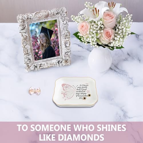 Congratulations Gifts for Women, College Graduation Gifts for Her New Job Gifts - She Believed She Could Jewelry Tray Ceramic Trinket Dish Inspirational Promotion Gift for Coworker (Pink butterfly) - Image 6