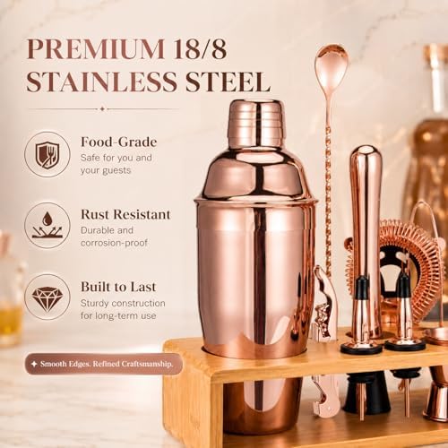 Rose Gold Cocktail Shaker Set, Premium 18/8 Stainless Steel Mixology Bartender Kit with Stylish Bamboo Stand 10-Piece Bar Tools & Accessories for Home Decor - Gift for Women, Mom, Wedding - Image 3