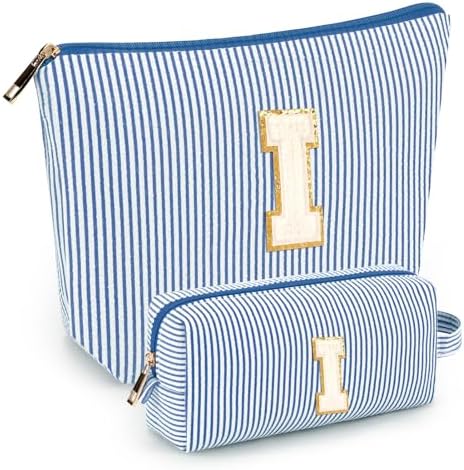 2 PCS Initial Makeup Bags for Women: Cosmetic Bag for Travel Toiletry - Birthday Gifts for 11 12 13 14 15 16 17 18 Years Old Girl Graduation Teacher Gift- Teen Girl Gifts Trendy Stuff - Blue I by mibasies
