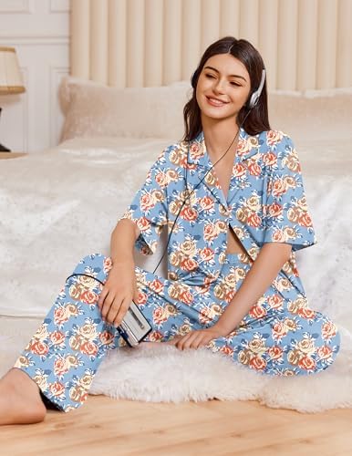 Ekouaer Women Pajamas Set Button Down Sleepwear Short Sleeve Pjs Long Pants - Image 4