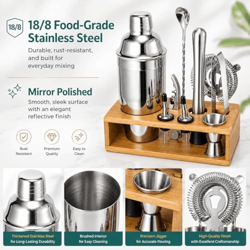 Cocktail Shaker Set, 18/8 Food-Grade Stainless Steel Mixology Bartender Kit 10-Piece Bar Tools with Stylish Bamboo Stand - Rust-Proof & Dishwasher Safe - Professional Martini Shaker Gift for Men, Dad - Image 3