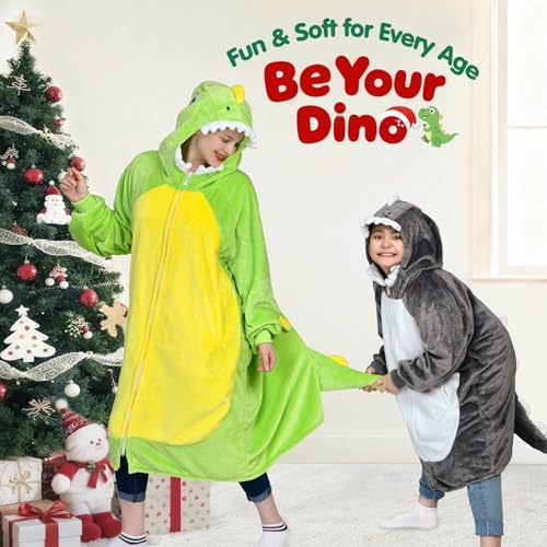Waitu Dinosaur Wearable Blanket Hoodie Funny Halloween Costumes Gifts for Women Men Boys Girls, Zipper Hoodie Blanket Sweatshirt Cozy Unisex Flannel Dinosaur Costume Cute Gifts (Kids, Gray) - Image 3