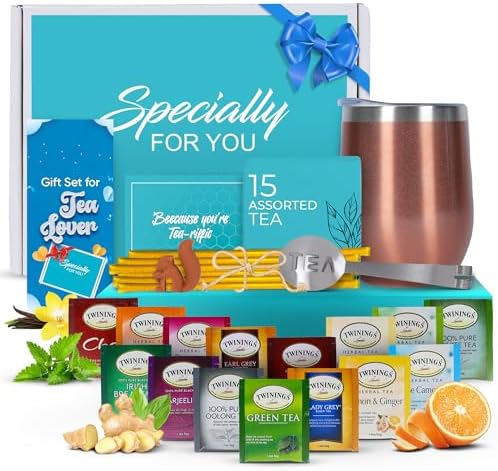 Modern Elegance Tea Tumbler Gift Set – Includes Tea Bag Holder, Spoon, Honey Straw, 15 Assorted Flavor Blends & Hot & Cold 12oz Insulated Tumbler – Ideal for Holiday Gift for Tea Lovers – Rose Gold by ModernElegance