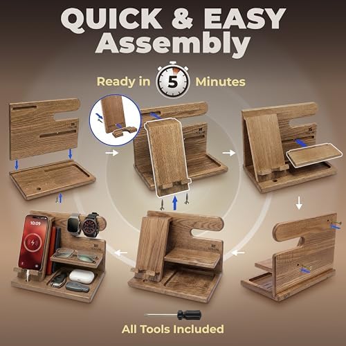 TESLYAR Wood Phone Docking Station for Men - Desktop or Nightstand Organizer - Birthday Gifts for Men, Dad - Anniversary Idea from Wife - Key Holder, Stand Wallet, Watch & Essentials (Earth Beige) - Image 7
