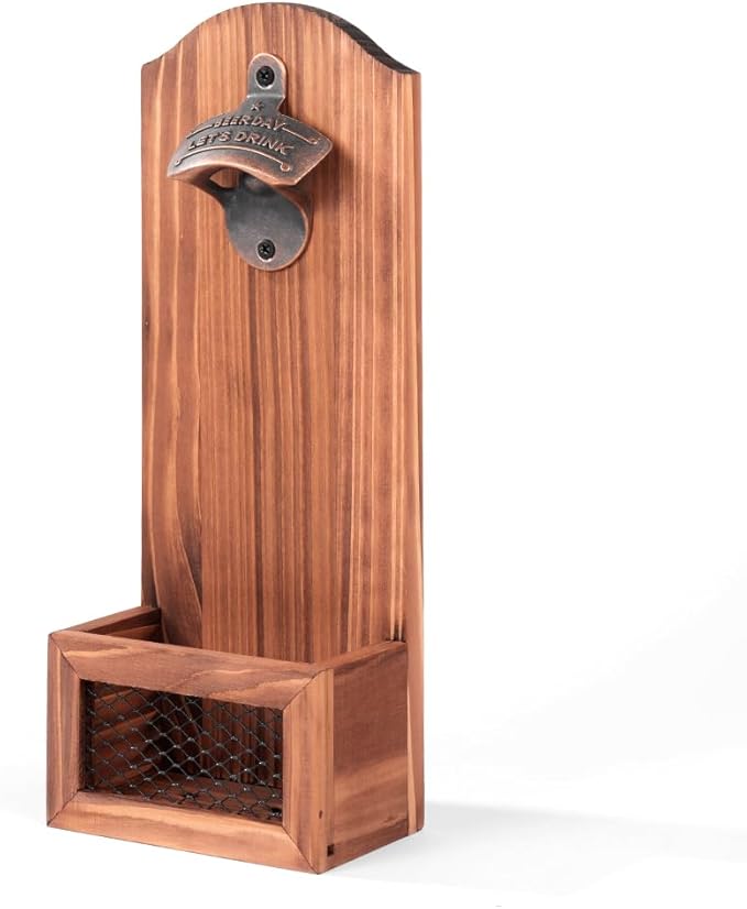 Bottle Opener with Cap Collector Catcher,Vintage Wooden Wall Mounted Bottle Opener，Ideal Gift for Men and Beer Lovers, Use as Bar Decoration (Beer Day)