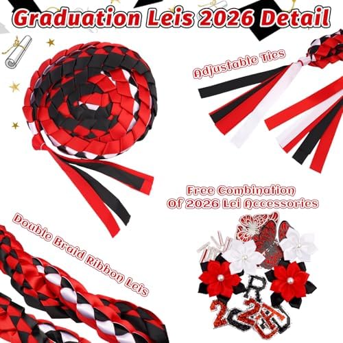 Class of 2026 Graduation Leis,Black&Red Double Ribbon Lei Set,Handmade Butterfly Flower Accessory,Graduation Gift for Her Him - Image 3