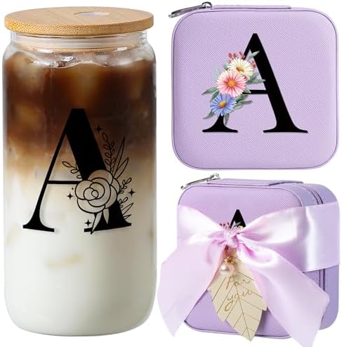 AYGXU teacher appreciation gifts, birthday gifts for women,initial glass cups with lids and straws 16oz,iced coffee cup,Travel Must Have Jewelry Box set,travel Jewelry Case Organizer,Initial A purple by AYGXU