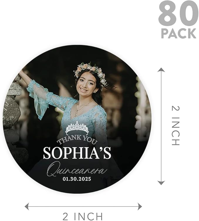 Andaz Press 40-Pack Personalized 2" Round Circle Quinceañera Labels, Thank You Sticker Labels with Custom Photo Crown for Quince Años, XV, 15th Birthday Favor Gifts, Quinceanera Decorations