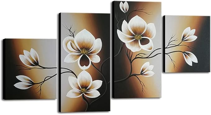 Wieco Art 100% Hand-painted Abstract Floral Oil Painting on Canvas Warm Day Yellow Flowers Bloom Ready to Hang for Living Room Bedroom Home Decorations 4pcs/set