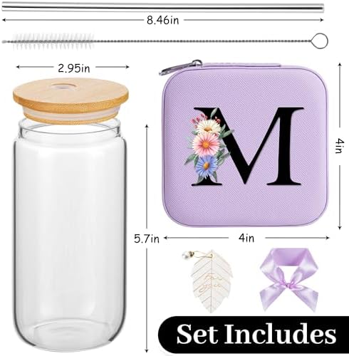 AYGXU Travel Jewelry Case for Women Girls,Jewelry Box Organizer,Travel Initial Jewelry Box for Girls,16oz glass cups with bamboo lids,aesthetic glass cup,Travel Essentials,Initial M purple - Image 2