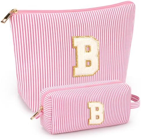 2 PCS Initial Makeup Bags for Women: Cosmetic Bag for Travel Toiletry - Birthday Gifts for 11 12 13 14 15 16 17 18 Years Old Girl Graduation Teacher Gift- Teen Girl Gifts Trendy Stuff - Pink B by mibasies