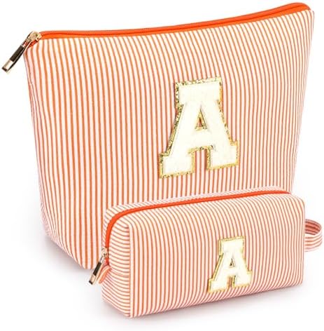 2 PCS Initial Makeup Bags for Women: Cosmetic Bag for Travel Toiletry - Birthday Gifts for 11 12 13 14 15 16 17 18 Years Old Girl Graduation Teacher Gift- Teen Girl Gifts Trendy Stuff - Orange A by mibasies