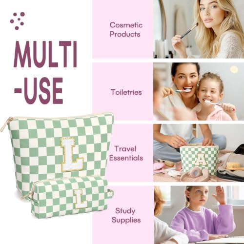 mibasies 2 PCS Initial Makeup Bags for Women: Cosmetic Bag for Travel Toiletry - Birthday Gifts for Teen Girl Gifts Trendy Stuff - Graduation Teacher Gift for Girlfriend -Checkered Green L - Image 4