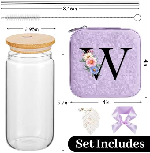 AYGXU Initial Glass Cup - Personalized Birthday & Graduation Gifts for Her, 16oz Tumbler with Small Jewelry Organizer Box, Purple - Image 2