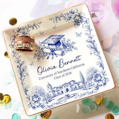 Wrappiness Personalized Graduation Trinket Tray for Girl Women - Toile de Jouy Custom College High School Ring Dish Grad Gift for Daughter, Class of 2026 Graduation Gift for Her Ceramic Jewelry Dish - Image 7