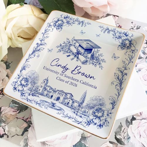 Wrappiness Personalized Graduation Trinket Tray for Girl Women - Toile de Jouy Custom College High School Ring Dish Grad Gift for Daughter, Class of 2026 Graduation Gift for Her Ceramic Jewelry Dish - Image 4