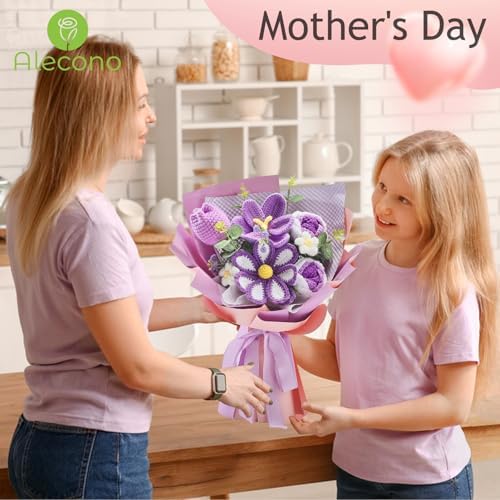 Alecono Purple Crochet Flower Bouquet Handmade Tulip Floral Set - Image 2