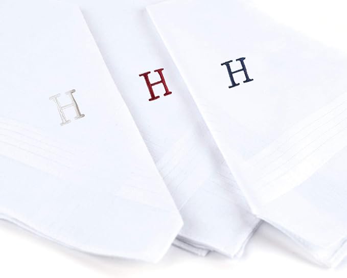 Initial Handkerchief for Men, Monogrammed Boxed 3 Piece Set,100% Cotton