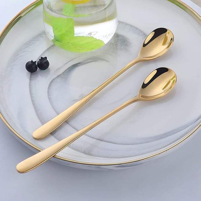 Buyer Star 8-Inch Long Handle Iced Tea Spoons, Ice Cream Spoon, Stainless Steel Cocktail Stirring Spoons, Set of 8 (Gold)